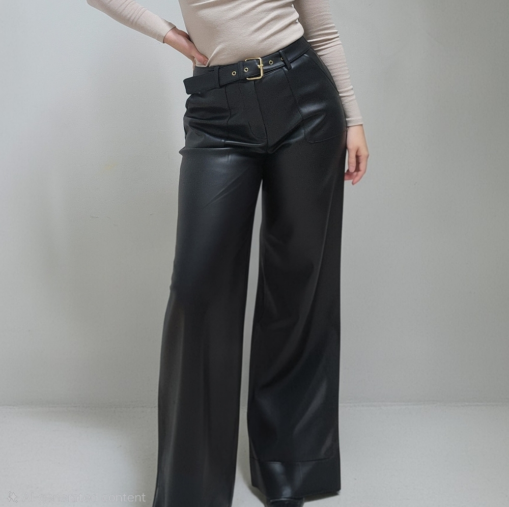 Marc New York Belted Black Vegan Leather Wide Leg Pants Size 2 NWT